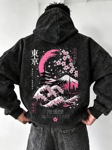 Áo hoodie nam màu đen wash họa tiết Núi Tokyo & Hoa anh đào, áo nỉ chui đầu dáng rộng phong cách Ukiyo-E Nhật Bản - màu đen - Xem 2