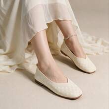 Women's Mesh Hollow Square Toe Flat Slip-On Shoes, Low Cut Breathable Soft Sole Casual Daily Commute Shoes - Beige - View 5