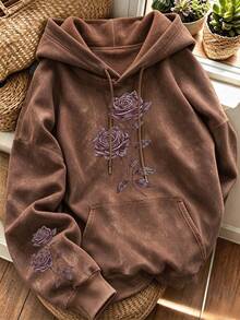 Vintage Floral Rose Pattern Women's Loose Washed Sweatshirt, Long Sleeve Drawstring Kangaroo Pocket Casual Pullover - Mocha Brown - View 1