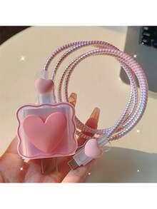 1 Set Minimalist 3D Heart Cable Protector, Dual-Color Spiral Sleeve Anti-Tangle & Anti-Pet Bite, Bow Cable Protector, Suitable For Dorm, Couple, Office, Car Charging, Compatible With Apple 18W/20W Fast Charging, Couple/Best Friend Matching Gift, Niche Gentle Gift For Girlfriend - Wavy Black Heart - View 9