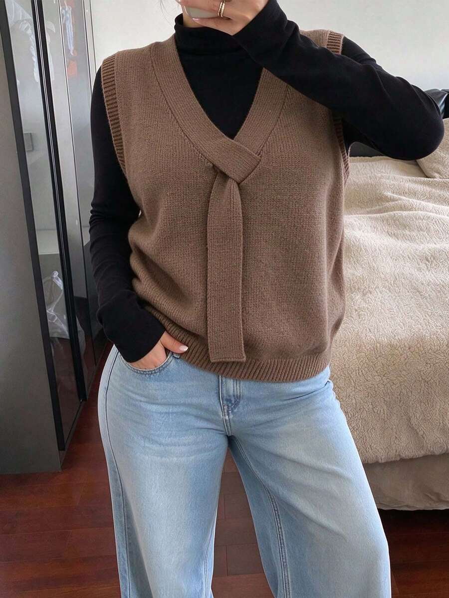 Plus Size Casual Asymmetrical Drape Collar Versatile Fashion Autumn/Winter Knit Pullover Sweater Vest - Brown - View 1