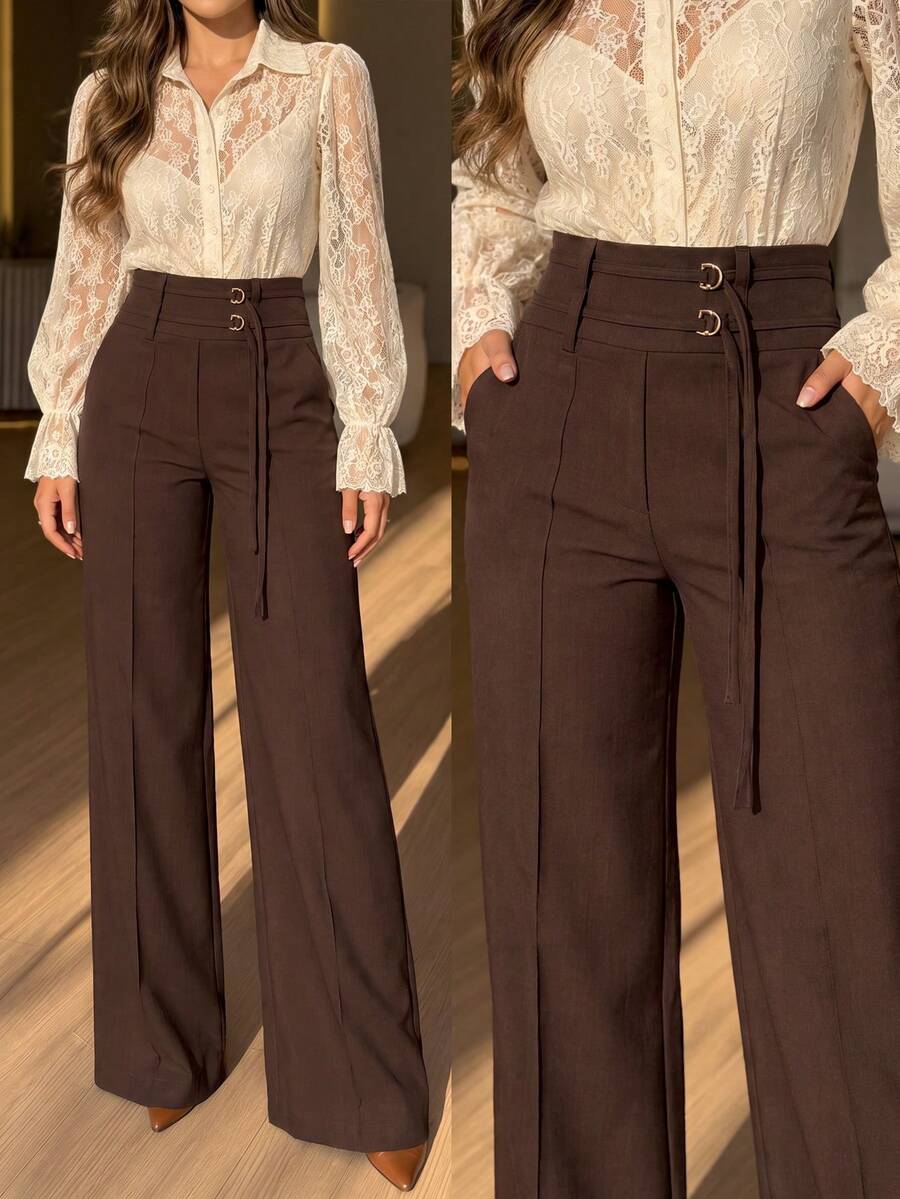 Women's Dark Brown Autumn Wide Leg Pants, Waist Double Button Drawstring Decor, Minimalist Office Commute Daily Long Pants - Coffee Brown - View 1