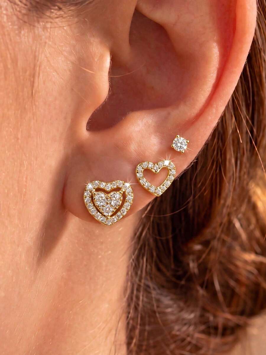 rakol 6pcs Elegant Golden Heart Cubic Zirconia Decor Women's Earrings Set - Yellow Gold - View 1