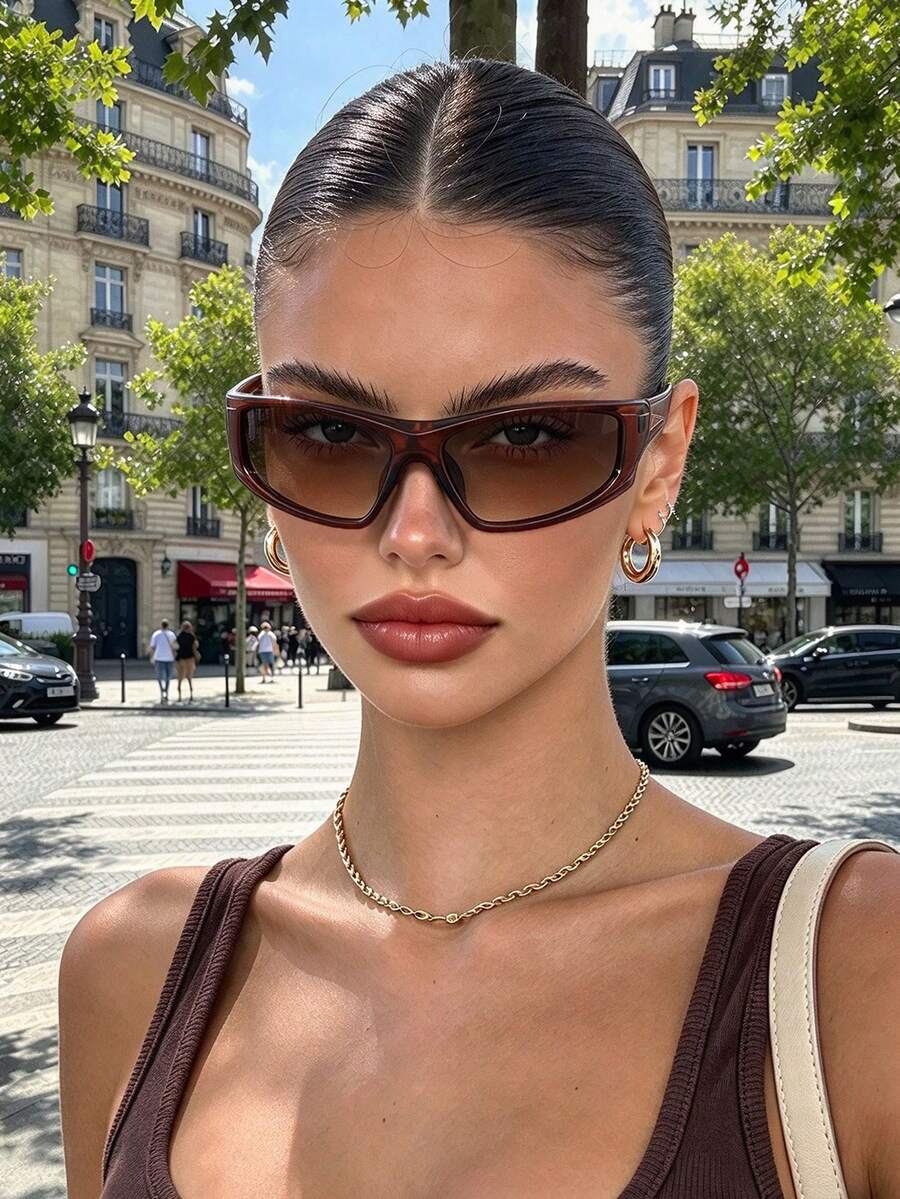1pc Y2K Fashion Asymmetric Futuristic Fashion Glasses For Women - Deep Tea Frame Double Tea Pieces - View 1
