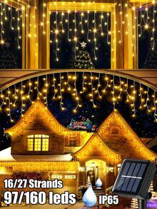 1件裝太陽能冰柱串燈 97/160 LED，8種燈光模式，戶外防水仙女燈，3.5M/7M 太陽能窗簾燈，適用於房屋、花園、庭院、婚禮、露營、走廊、陽台、派對、窗戶，秋季與聖誕裝飾 - 黑色 - 查看 2