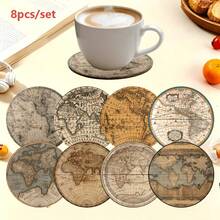 Vintage World Map Wooden Coasters 8pcs, Durable Non-Slip Heat-Resistant Pads. Classic Appearance Fits Various Spaces Like Home, Kitchen And Office. Functional Desktop Protection And Cute Decoration, Perfect For Daily Use And Holiday Parties - View 6