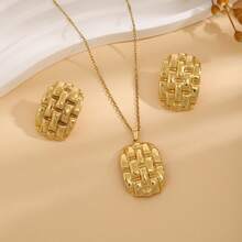 3pcs/Set Chic Stainless Steel Polished Elliptical Earrings & Necklace Set, Suitable For Women's Everyday Wear - Gold - View 7