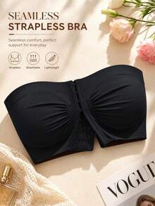Plus Size Women's Strapless Bandeau Bra, Front Buckle Ruched Design + Hollow Back, Non-Slip Support Seamless Bandeau Bra, Suitable For Evening Dress, Party, Daily Wear - Black - View 2
