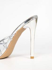 Women's Silver Pointed Toe Stiletto High Heel Sandals, Transparent Mesh Rhinestone Thin Strap Outdoor Party Evening Dress Shoes, Solid Color Sexy PVC Rhinestone Pointed Toe Sandals, Transparent Mesh, Rhinestone Thin Strap, Stiletto High Heel, Silver, Party Evening Dress Shoes, Summer - Silver - View 9
