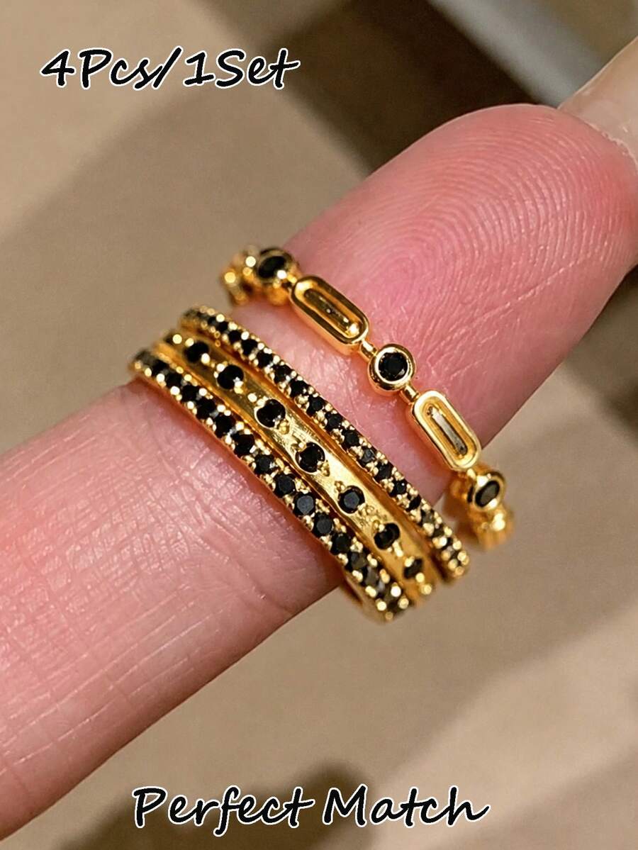 4pcs Women's Ring Set Gold Copper Inlaid CZ Geometric Design Vintage Rings Suitable For Daily Wear And Party Women's Jewelry Accessories Gift - Multicolor - View 1