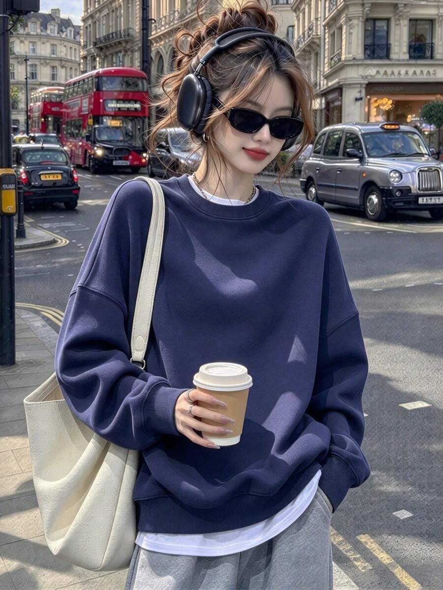 1pc Women's Solid Color Long Sleeve Crew Neck Sweatshirt, Fashion Street Style Top, Autumn/Winter Pullover - Navy Blue - View 1