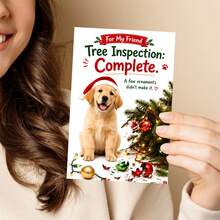 Funny Puppy Christmas Card, Tree Inspection Complete, Golden Retriever Santa Hat Holiday Card, Humorous Xmas Card For Best Friend Dog Owner - A - View 4