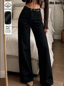 High Waist Washed Stretch Straight Leg Jeans, Casual Comfortable Daily Streetwear - Black - View 1