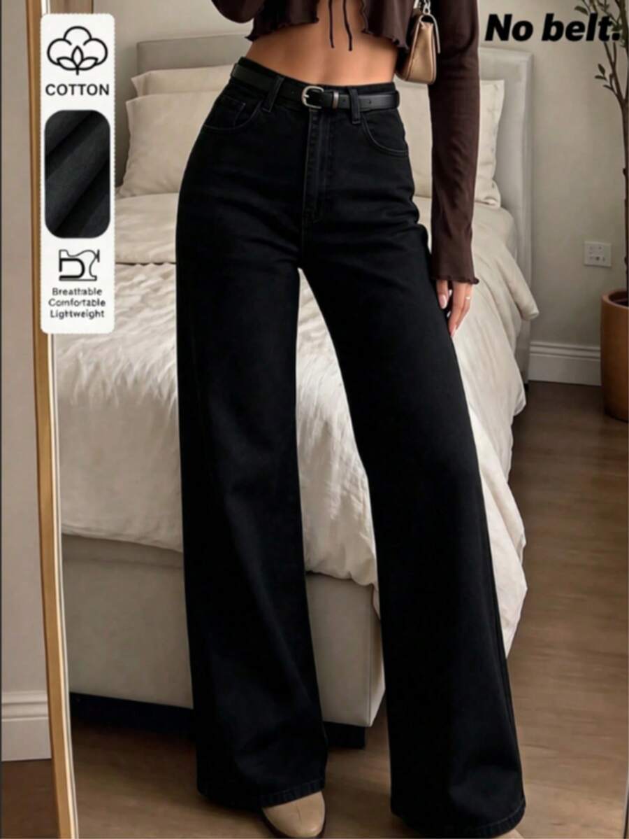 High Waist Washed Stretch Straight Leg Jeans, Casual Comfortable Daily Streetwear - Black - View 1