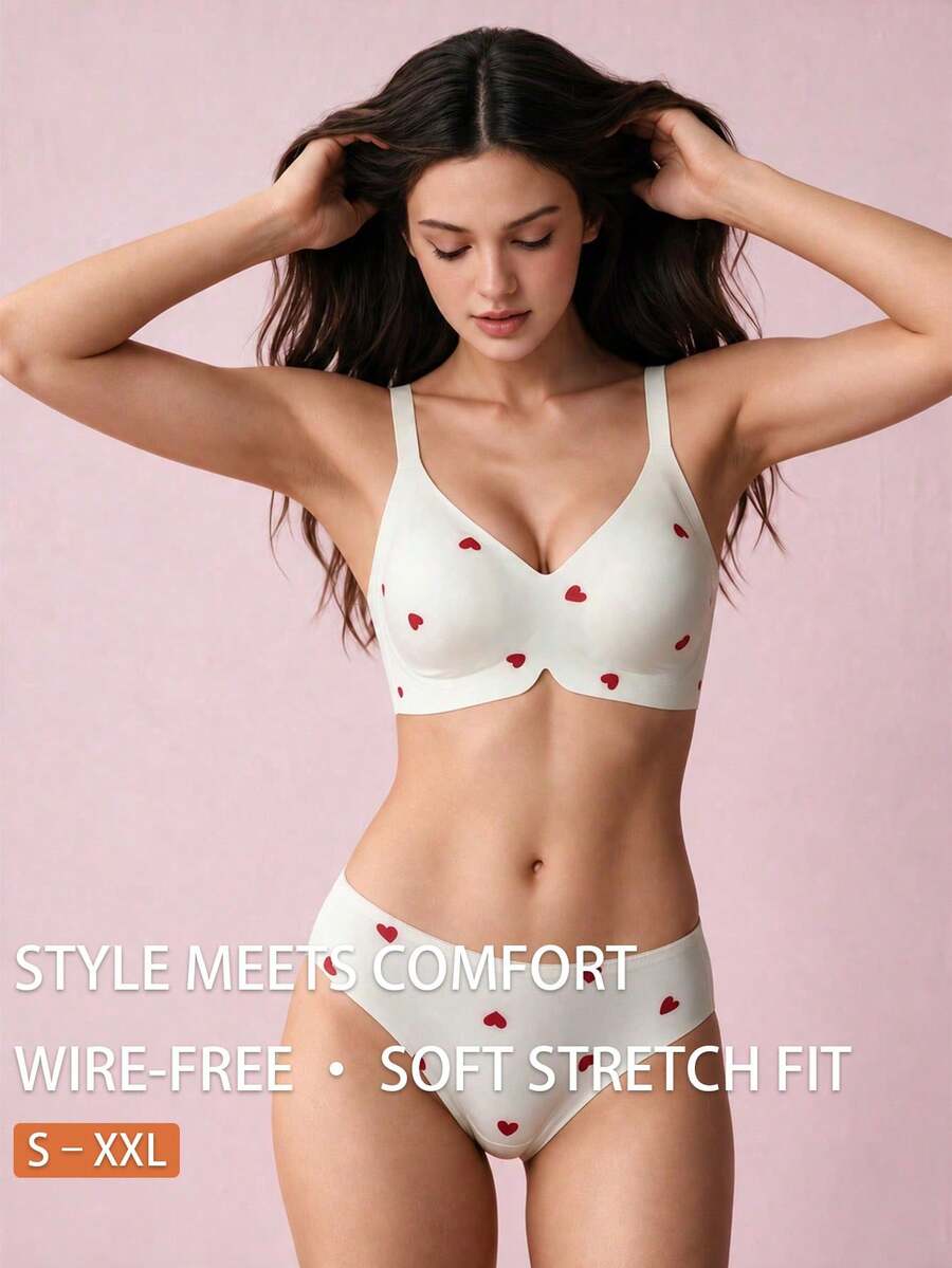 Women's Small Heart Print Wireless Bra And Panty Set, Sweet Cute Romantic, Soft Comfortable, Removable Pads, Adjustable Straps, Lingerie Set - White - View 1