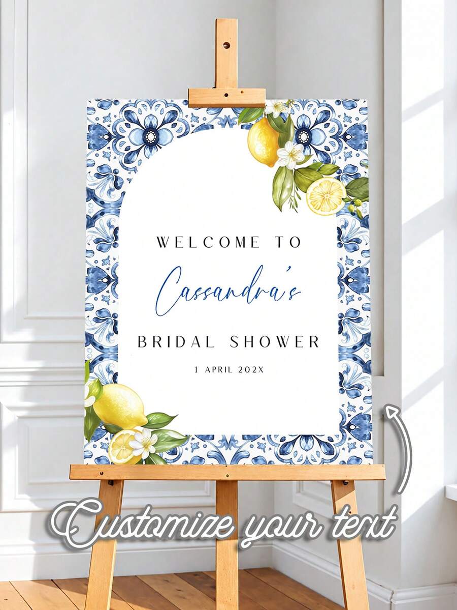Mediterranean Lemon Theme Wedding Party Welcome Sign - Amalfi Coast Blue Tile & Positano Style, Tuscan Italian Seaside Arch Design, Italian Summer Aesthetic, Acrylic - Multicolor 06 - View 1