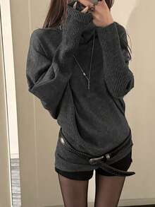 Asymmetrical Design Batwing Sleeve Knit Pullover Sweater Long Sleeve Top (Includes Belt) - Grey - View 4