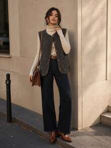 Women's Solid Color Sherpa Fleece Double Pocket Single Breasted Casual Vest Jacket, Autumn/Winter - Brown - View 2