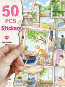 50pcs Sitting Quietly By The Window Stickers PET Material For Adults Teens Sticker Enthusiasts Scrapbooking Journaling Laptops Skateboards Add A Fun Touch To Your Devices! - one-size - View 6