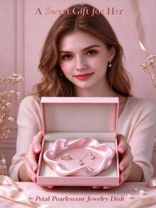 Petal-Shaped Ceramic Jewelry Dish, Pearl Luster Vanity Storage Tray, Suitable For Small Accessories, Decorative Storage Organizer, Suitable For Vanity, Bedroom Countertop - Multicolor - View 1