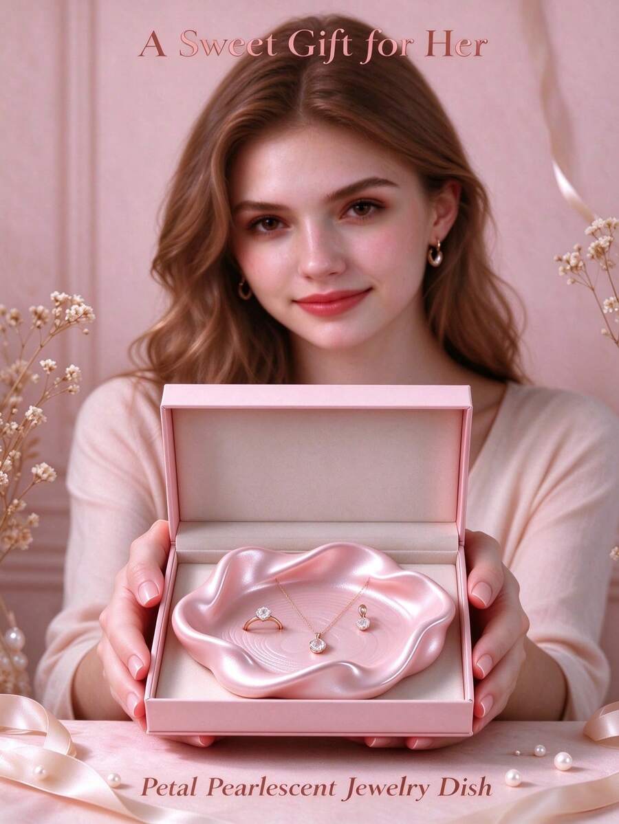 Petal-Shaped Ceramic Jewelry Dish, Pearl Luster Vanity Storage Tray, Suitable For Small Accessories, Decorative Storage Organizer, Suitable For Vanity, Bedroom Countertop - Multicolor - View 1