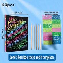 50pcs Magic Scratch Paper With 5 Bamboo Sticks Toy, Suitable For Halloween Gifts And Christmas, Soft Party Favor Fillers, Rainbow Art Scratch Set, School Supplies, Birthday Party And Holiday Gifts, Exquisite And Unique - Template Colors And Styles Randomly Presented - Multicolor - View 11