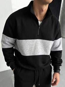 Men's Autumn/Winter Fashion Patchwork Loose Drop Shoulder Zip-Up Turn Collar Sweatshirt, Essential Casual Outfit For Daily Wear - Black - View 5