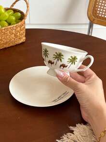 1pc Palm Tree Camel Ceramic Coffee Cup And Saucer, Suitable For Daily Home Use, Kitchen, Dining Room, Cafe, Office; Perfect For Espresso And Arabic Coffee. Saudi Style Coffee Cup, Ideal For Afternoon Tea, Cafe And Kitchen - Perfect Gift. - Multicolor - View 2