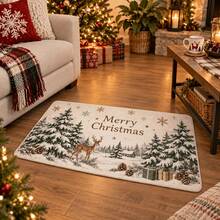 1pc Machine Washable Non-Slip Polyester Wear-Resistant Doormat Cedar Deer Winter Forest Christmas Entryway Mat | Merry Christmas Snowflake Pinecone Gift Print | Nordic Healing Hallway Decor Door Mat - A - View 2
