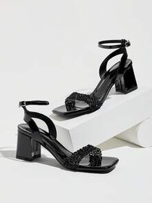 Women's High Heel Sparkling Rhinestone One-Strap Square Toe Chunky Heel Spring Summer Party Evening Wedding Sexy Open Toe Glamorous Style Sandals Elegant Black High Heel Shoes - Black - View 6