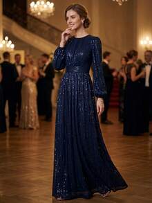 Elegant Women's Long Sleeve Sequin Dress With Round Neck And Full Skirt, Suitable For Formal Occasions - Navy Blue - View 6