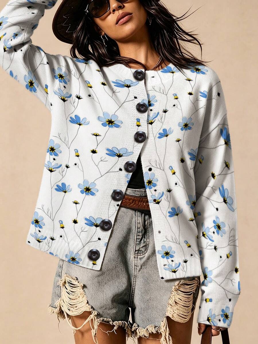 ASHKATIA Women's Plus-Size Vintage Cardigan Sweater, Fall Winter Knit For Social Occasions Fresh Floral Pattern - Multicolor - View 1