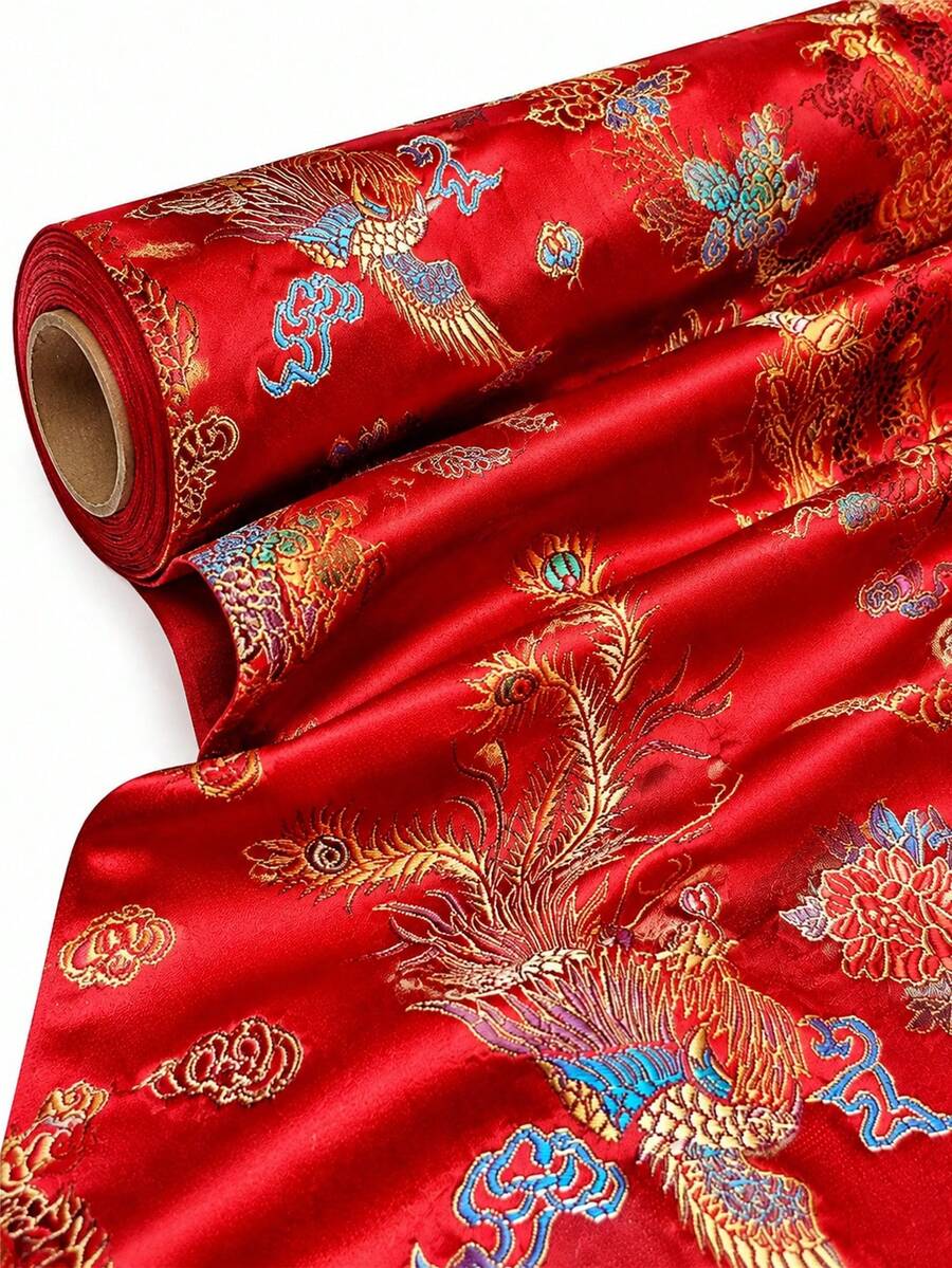 1pc Dragon & Phoenix Jacquard Fabric, Multi-Color Metallic Thread Woven Dragon & Phoenix Cloud Pattern, Shiny Satin Jacquard Cloth, Multiple Colors Available, Suitable For Festival Clothing, Gift Box Lining, Home Decor And DIY Sewing Crafts