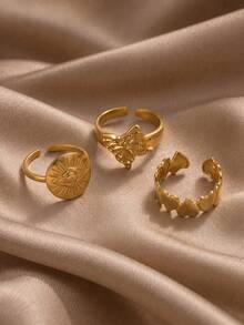 3-delat ringset i guld, Mysterious Guardian, öga, fjärilsemblem, hjärtkedja, öppen justerbar, stapelbar och mångsidig, vintagepresent för kvinnor - Guld - Visa 1