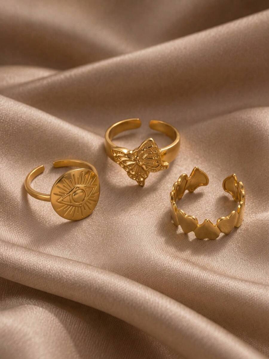 3-delat ringset i guld, Mysterious Guardian, öga, fjärilsemblem, hjärtkedja, öppen justerbar, stapelbar och mångsidig, vintagepresent för kvinnor - Guld - Visa 1