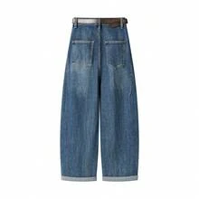 xinmonlee Korean Style New Vintage Drape High Waist Denim Jeans Belt Long Pants Office Campus Daily Summer - Medium Wash - View 2