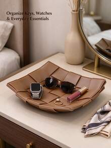 2 Colors Woven Leather Valet Tray Elegant Desktop Faux Leather Catchall Tray Tabletop Key Jewelry Accessory Storage Dish For Entryway Nightstand Office Home Decor - Multicolor - View 3