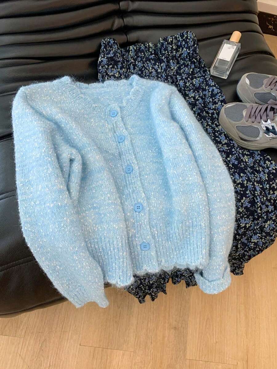 Comfortable Women's Winter Knit Cardigan, Soft Knit, Long Sleeve Round Neck, Front Button Design, Short Regular Hem, Vintage Style - Blue and White - View 1