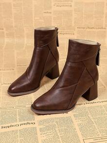 Women's Elegant Classic PU Leather Patchwork Chunky Heel Square Toe Back Zipper Ankle Boots, Comfortable Versatile Square Toe Back Zipper Slimming Fashion Boots, Suitable For Neutral Fashion Streetwear Vacation - Brown - View 1