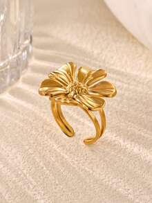 1 Pc Fashion Large Flower Ring For Women Gold Color Stainless Steel Geometric Ring Birthday Party Jewelry Gift - Gold - View 8