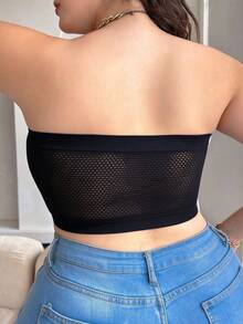 Plus Size Women's Strapless Bandeau Bra, Front Buckle Ruched Design + Hollow Back, Non-Slip Support Seamless Bandeau Bra, Suitable For Evening Dress, Party, Daily Wear - Black - View 7