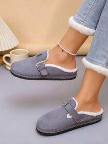 Women's Comfortable Soft Fur Lined Slip-On Closed Toe Mule Slippers With Buckle Design Casual Style Autumn/Winter Daily Home Slippers Grey Plus Size - Grey - View 1