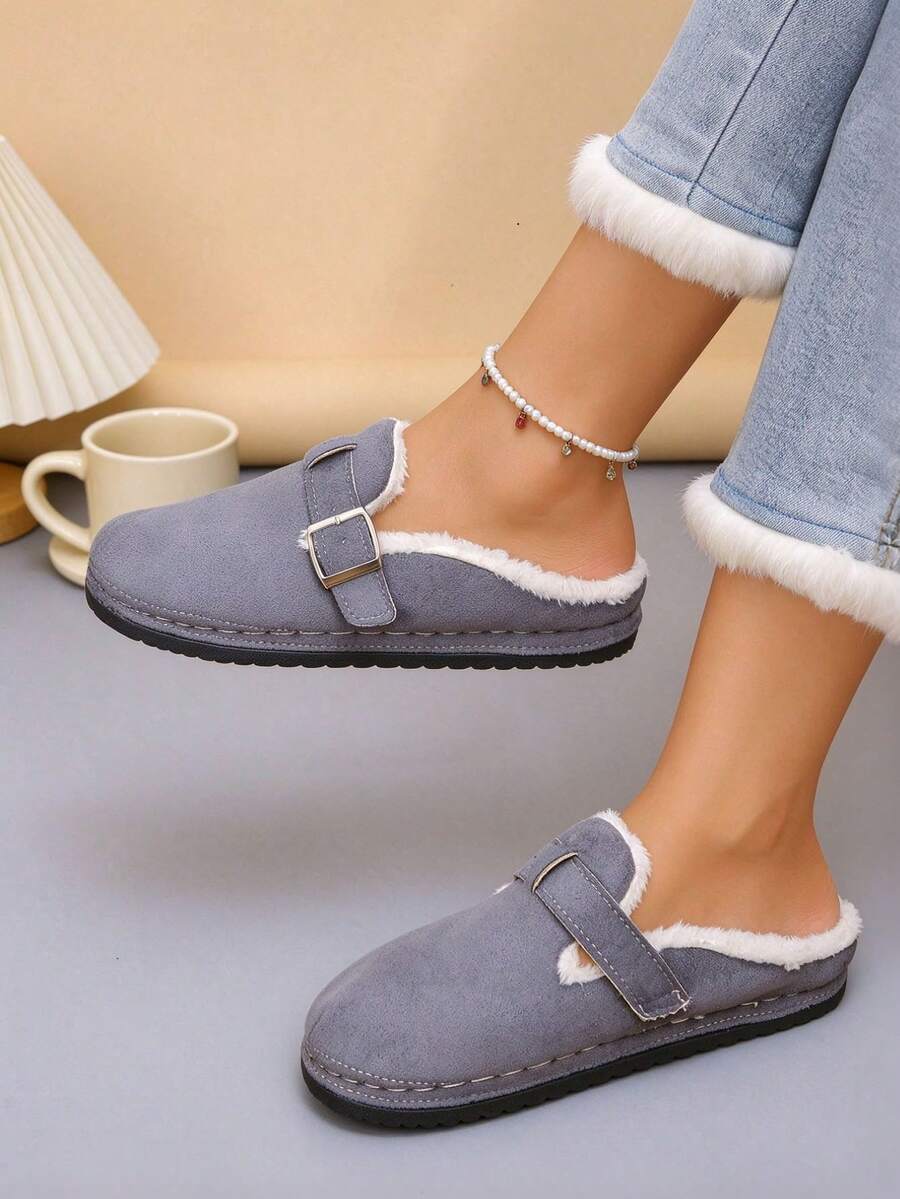 Women's Comfortable Soft Fur Lined Slip-On Closed Toe Mule Slippers With Buckle Design Casual Style Autumn/Winter Daily Home Slippers Grey Plus Size - Grey - View 1