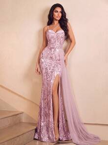 Elegant Women's Pink Maxi Formal Dress With Sequin & Beaded Details, Slit, And Romantic Spaghetti Strap Neckline For Prom & Gowns - Pink - View 6