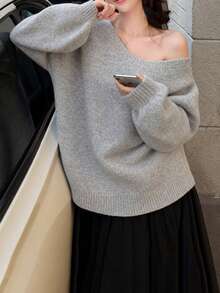 1pc Cute Gray Backless Bow Knot Women's Sweater, Autumn/Winter - Grey - View 4