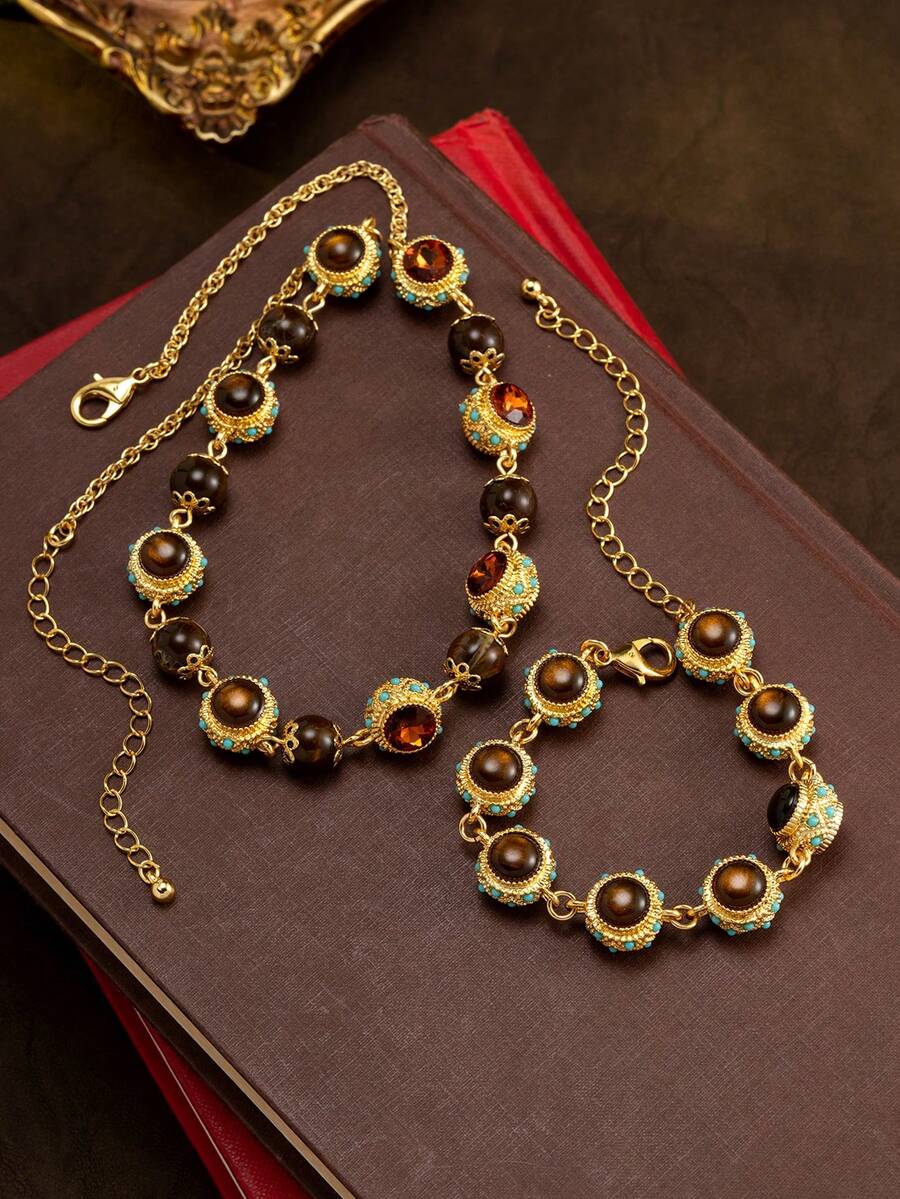 Vintage Court Style Necklace And Bracelet Set, Distressed Gold Heavy ...