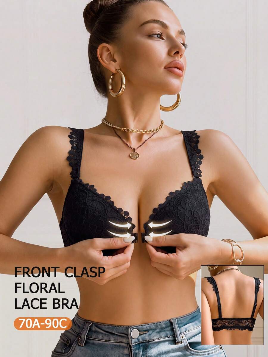 1pc Black Delicate Lace Front Closure Underwire Push-Up Bra, Suitable For Daily Wear And Dating