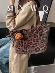 Leopard Print Plush Tote Bag For Women, Vintage Large Capacity Shoulder Bag, Autumn/Winter - Coffee - View 1