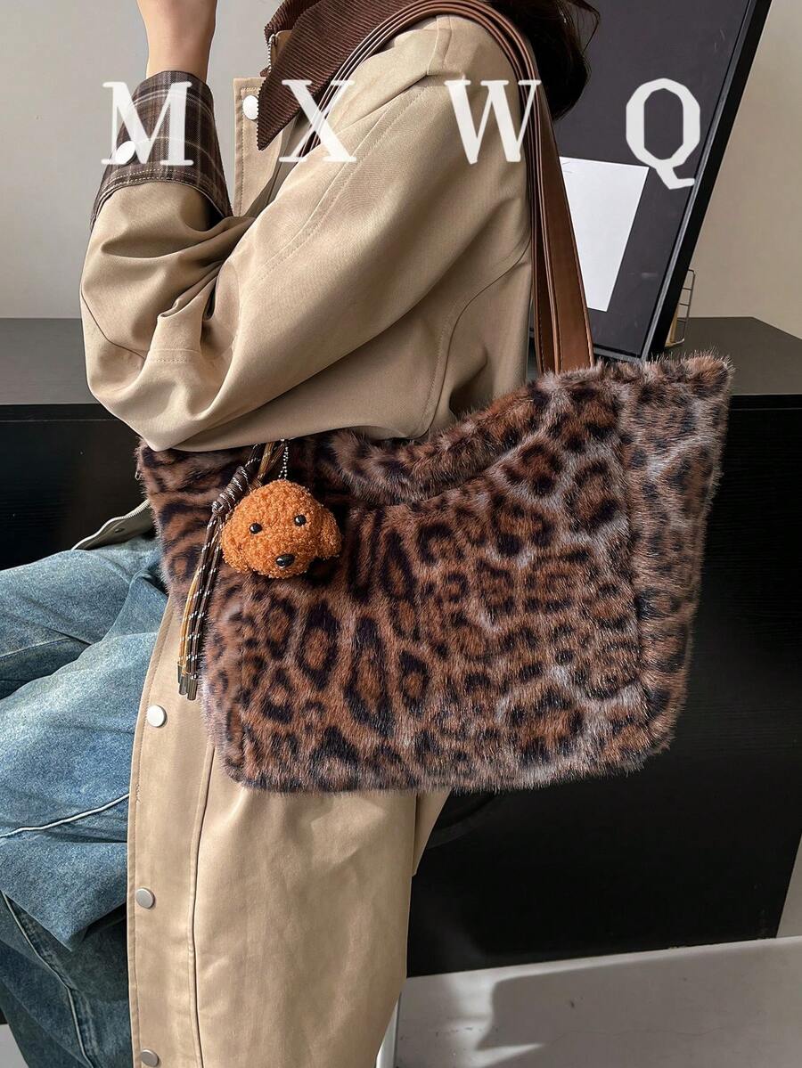 Leopard Print Plush Tote Bag For Women, Vintage Large Capacity Shoulder Bag, Autumn/Winter - Coffee - View 1