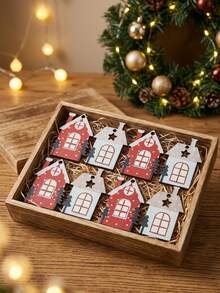 8pcs Christmas Cottage Hanging Ornaments, Red And White Cottage Design, With Jute Rope, Christmas Tree Pendant, Winter Holiday Home Party Decoration, Christmas DIY Handmade Gift - Multicolor - View 5